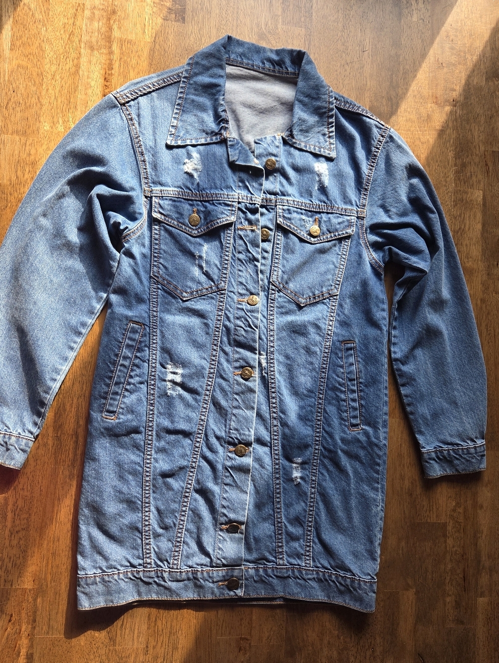 Long Slim Fit, Lightly Distressed Denim Jacket